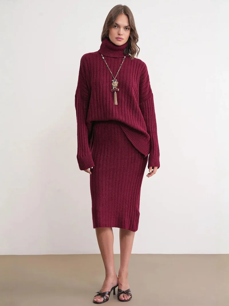 ميكسراي MIXRAY High Waist Ribbed Knit Skirt
